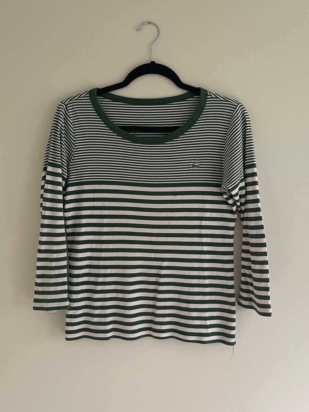 Lacoste Green and White Striped 3/4 Sleeve Tee